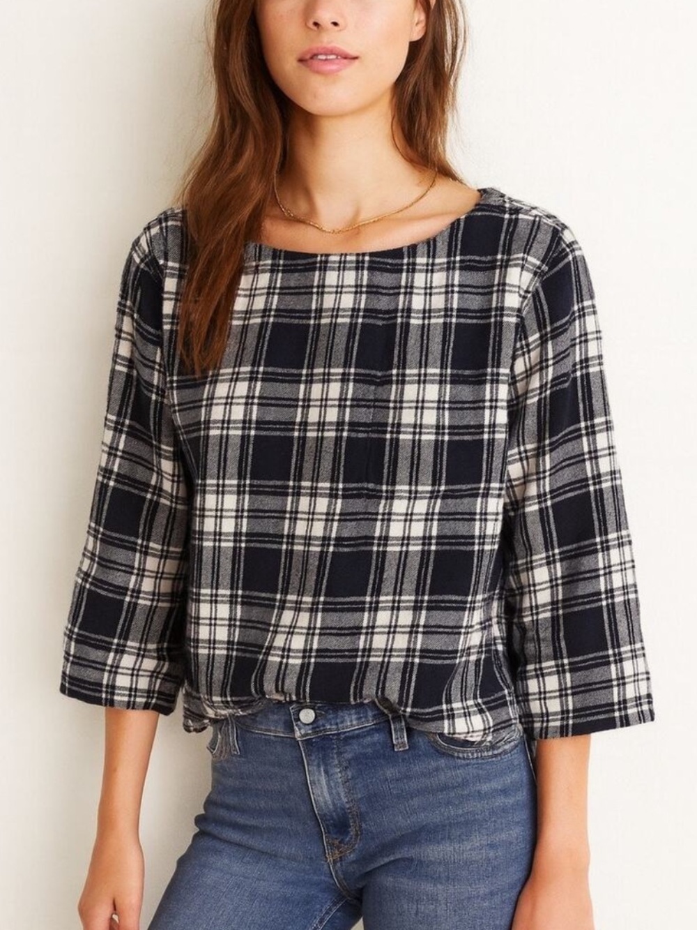 Madewell Herald Tee Boxy Bedford Flannel Ink Combo Blue XS Boatneck